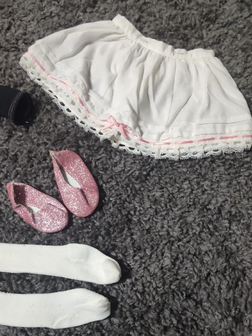 American Girl Black Top with Pink Logo and White Tights And Shoes And A Skirt